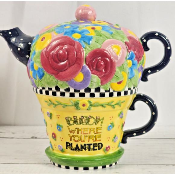 'Bloom Where You're Planted', Decorative Cup/Teapot Set by ME Ink 2001, Vintage - Picture 1 of 10